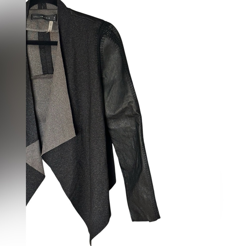 Stella Jamie Jacket Open Asymmetric Hem Crochet Drape Leather Sleeve Size Large - Picture 2 of 6